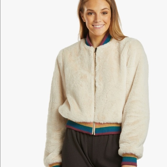 Spiritual Gangster Cream Teddy Jacket with Rainbow Trim - Picture 1 of 3